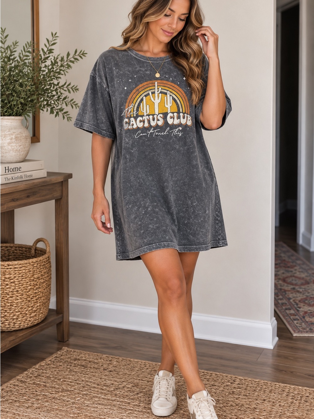 Cactus Club Vintage-Style Graphic T-Shirt Dress - Charcoal